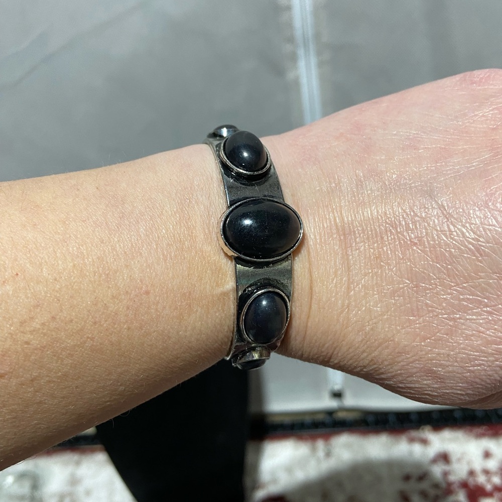 Silver Tone Cuff Bracelet With Faux Black Stones.  Adjustable